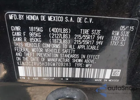 2016 Honda Hr-V Lx z USA, uszkodzony, nr VIN 3CZRU5H38GM709283